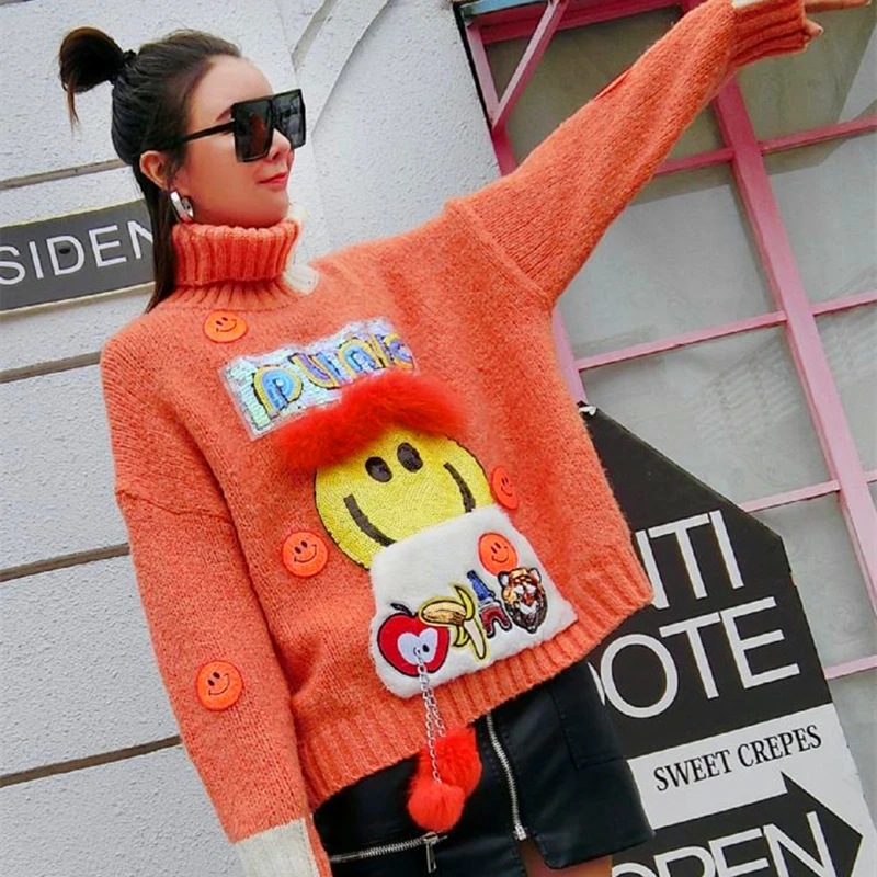 

QING MO Blue Orange Women Turtleneck Sweater 2020 Women Cartoon Printed Sweater Female Letter Sequin Sweater ZQY4961
