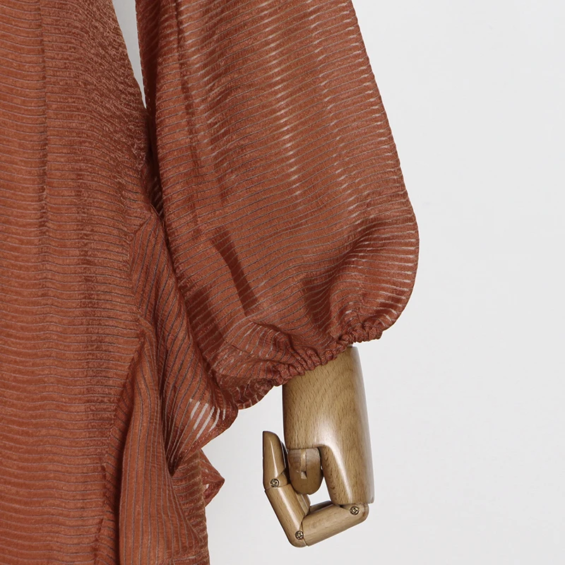 

TWOTWINSTYLE Casual Patchwork Ruffle Solid Dress For Women V Neck Lantern Sleeve High Waist Vintage Dresses Female Fashion New