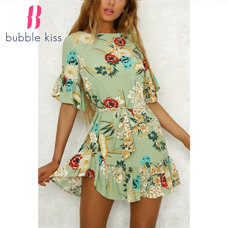 Женское мини-платье с цветочным принтом летнее пляжное платье Бохо круглым