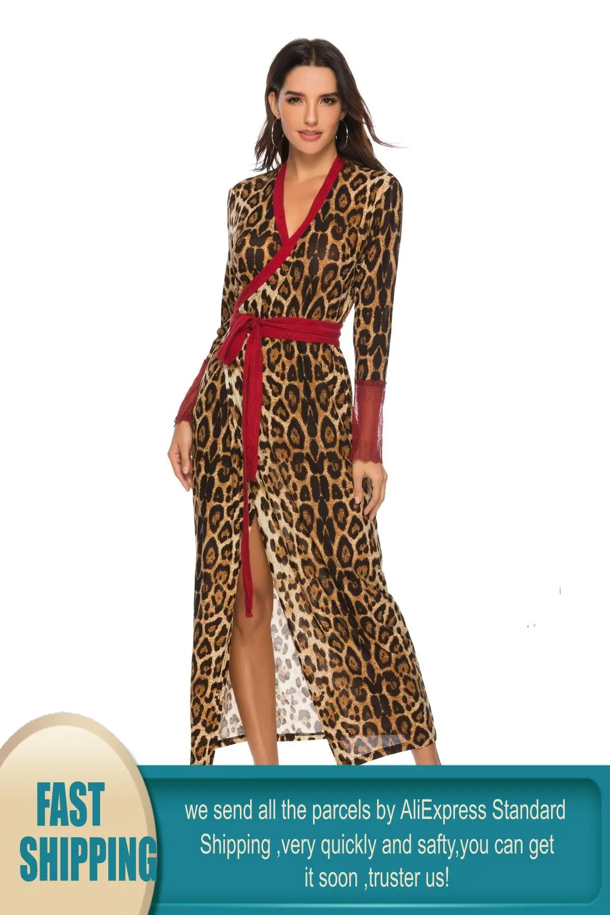 Женское леопардовое облегающее платье с длинным рукавом и высоким