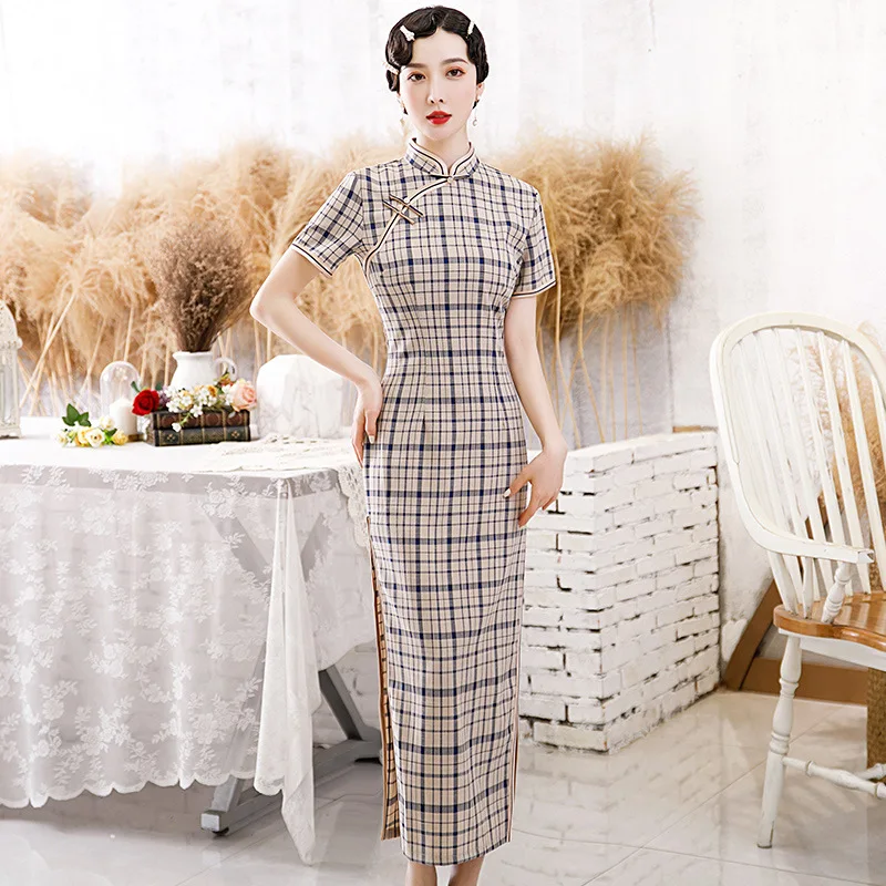 

Check Slim Sexy Chinese Traditional Dress Female Vintage Cotton Linen Qipao Plus Size 3xl 4xl Cheongsam Mandarin Collar Vestidos