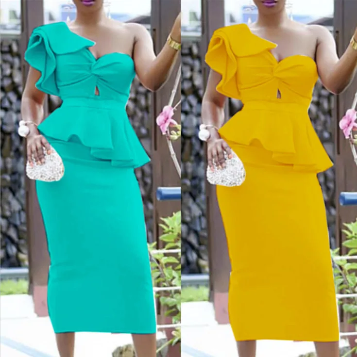 Женское облегающее вечернее платье на одно плечо с баской | Женская одежда