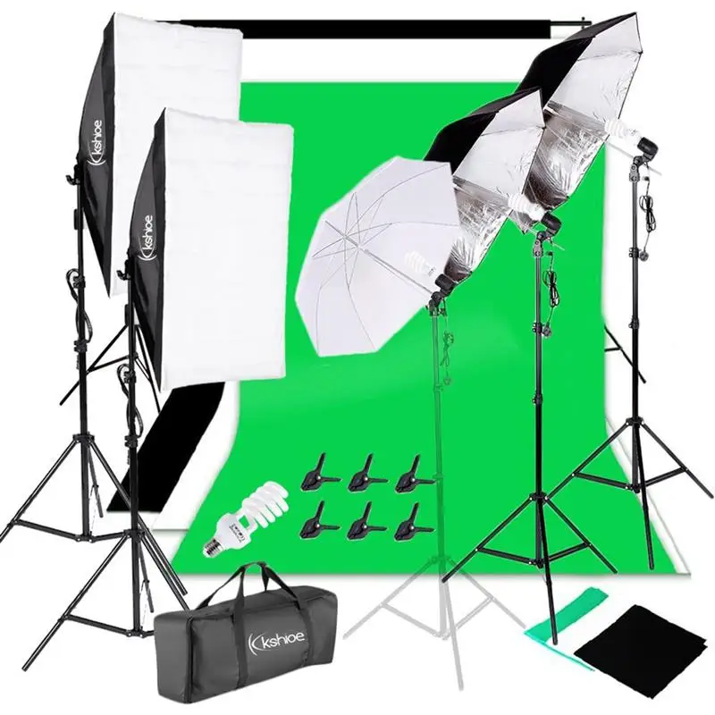 

Kshioe Umbrella Softbox 45W Light Bulb Photography Kit Photo Studio Light Stand Backdrops White Black Silver Umbrella Set