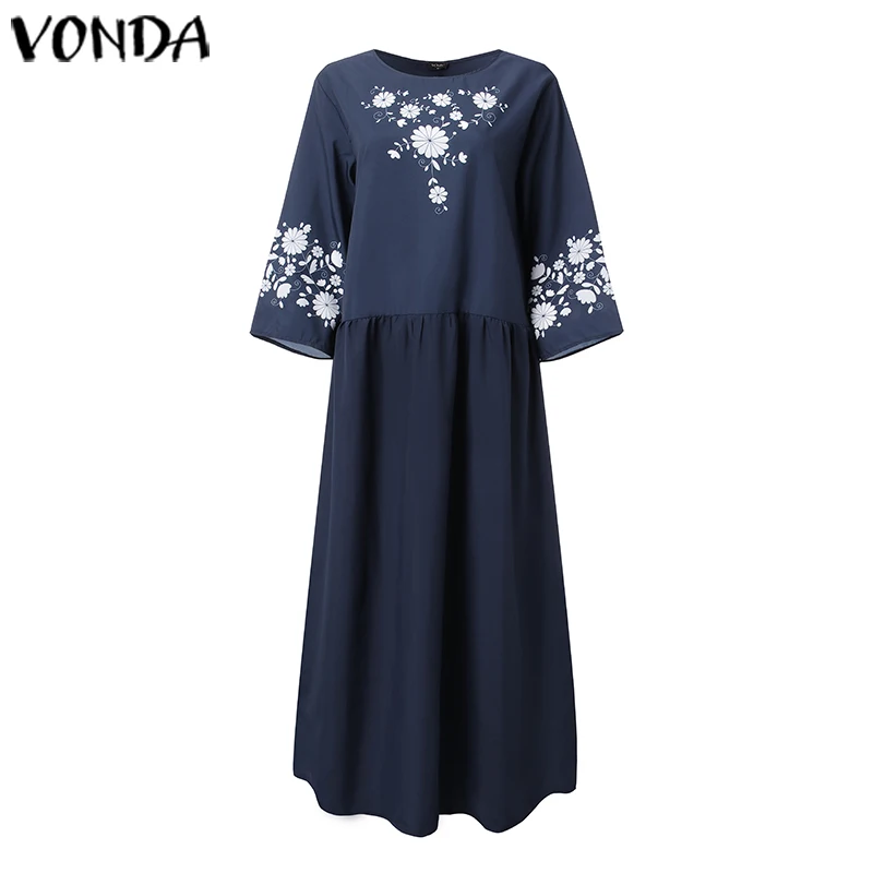 VONDA, праздничное платье, сарафан, женское повседневное свободное винтажное платье с рукавом 3/4 и цветочным принтом, богемное летнее платье размера плюс - Цвет: Navy