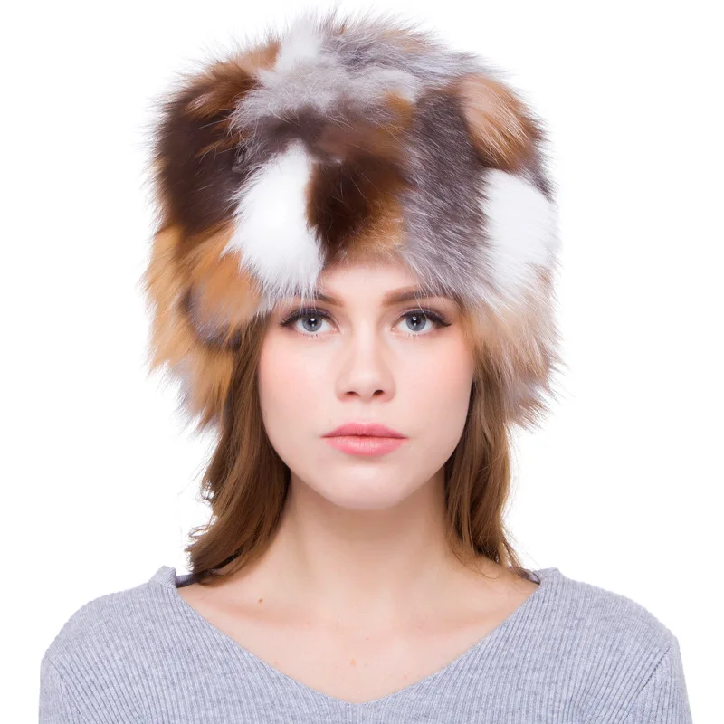 

Hot Sale Fox Fur Color Matching Women's Autumn Cap Winter Red Fox Fur Hat Warm Knitted Windproof Warm Hat