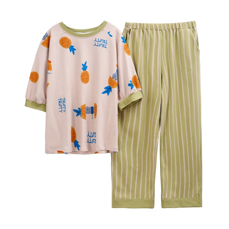 New Women's Pajamas Set Short Sleeve Trousers Nightgown Spring Summer Cotton Nightwear Leisure Home Wear Plus Size Sleepwear