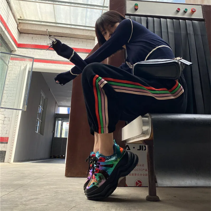 

Prova Perfetto Women Round Toe Sneakers Colour Mixture Cowhide Lace-Up Bling Fashion Comfort Platform Ventilate Manem Shoes 2021