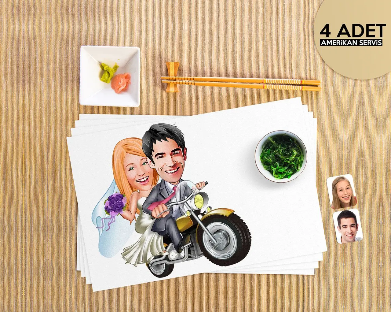 

Personalized Maried Caricature of 4 Pcs American Service Seti-8