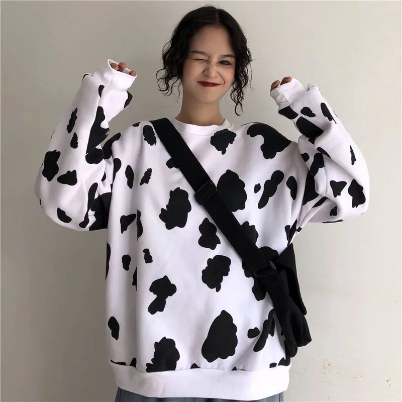 

Cow Milk oversize Loose Long Sleeve Hoodies Kawaii Autumn Female Sweatshirts Printed clothes Fashion Women Casual tops