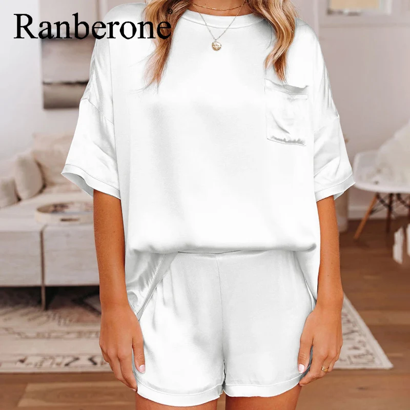 Ranberone 2 Piece Women's Suit Solid Color Round Neck Tracksuit Loose Short Sleeved + Shorts Casual Home Service Suit 2021