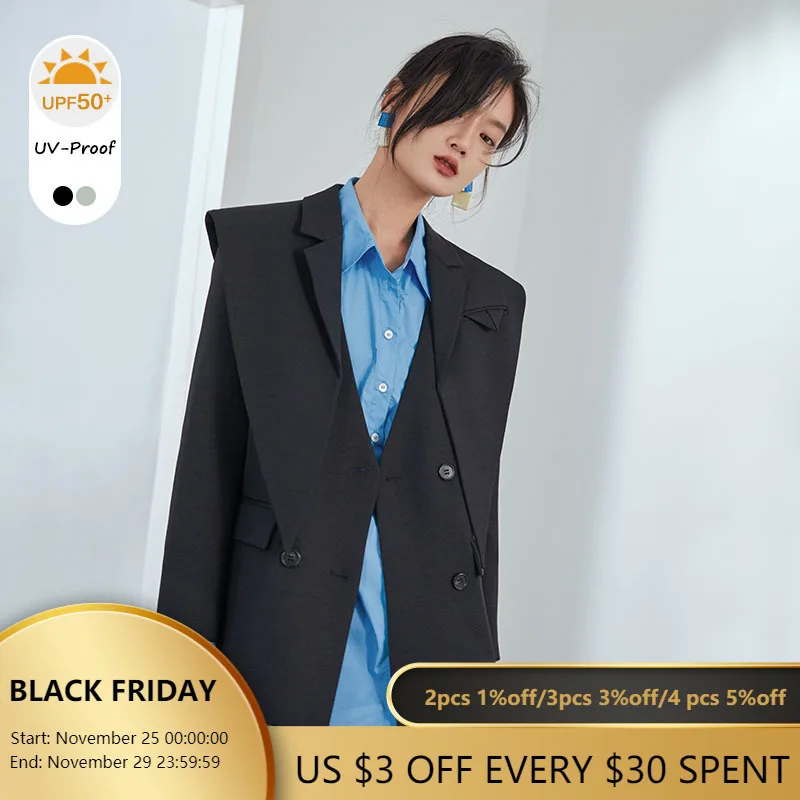 

FANSILANEN Detachable Collar Casual Black Blazer Coat Women Long Sleeve White Office Lady Oversized Blazer Female Spring Jacket