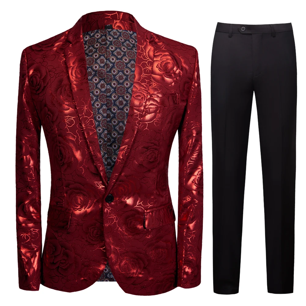 

Stylish Red rose Pattern Casual Blazer Men Suit Jacket British Gentleman Wedding Grooms Slim Fit Fashion Coat Outfit