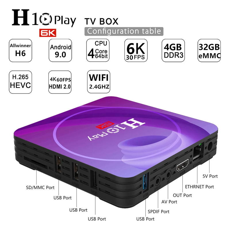 H10 Play Wi Fi ТВ коробка 6K HD 4 ядра 64 бит Android 9 0 медиа бокс с несколькими Язык Поддержка