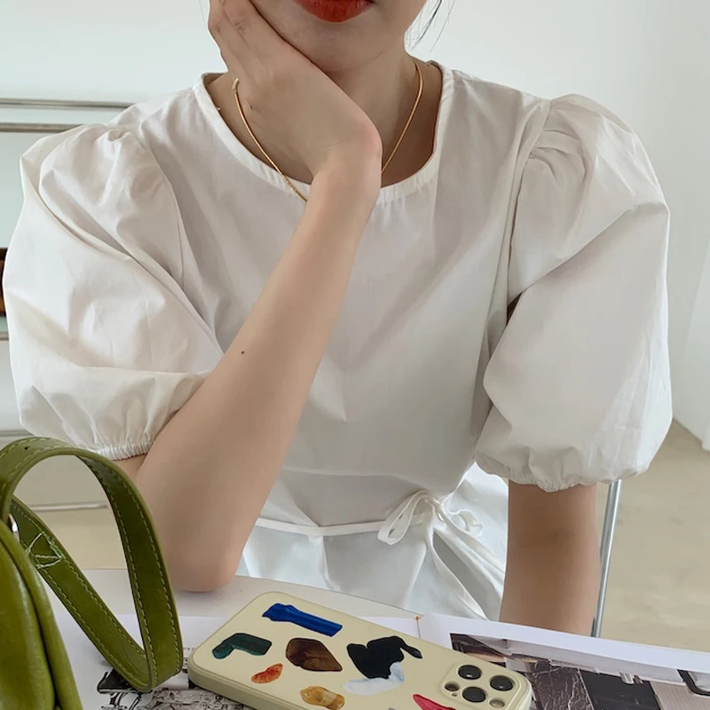 

Alien Kitty 2021 New Summer Sweet Girls Chic Casual Loose All Match Femme Blouses Office LadyLace Sashes Shirt Short O-Neck