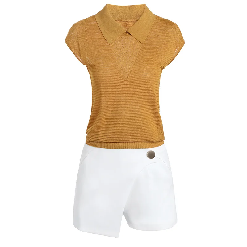 Женский желтый трикотажный топ белая рубашка комплект из 2 предметов летние