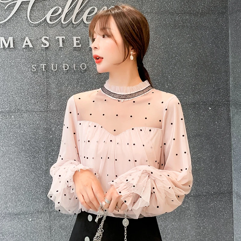 COIGARSAM Casual Patchwork blouse women New Spring Polka Dot Chiffon Loose Mesh blusas womens tops and blouses Pink 8777 | Женская