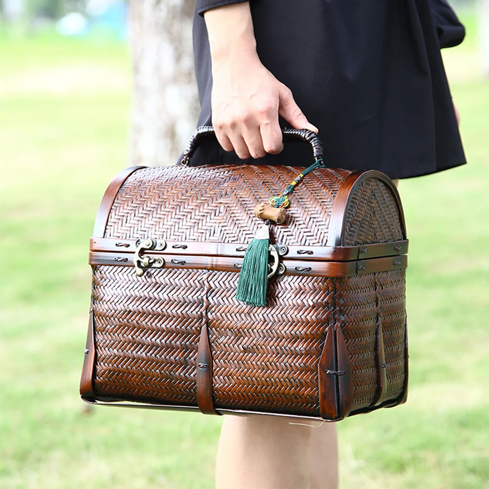 

Chinese Traditional Style Luxurious Portable Bamboo Tea Box Hand Case For Collection Tea Sets Teapot Teacup Handmade Bamboo Bag