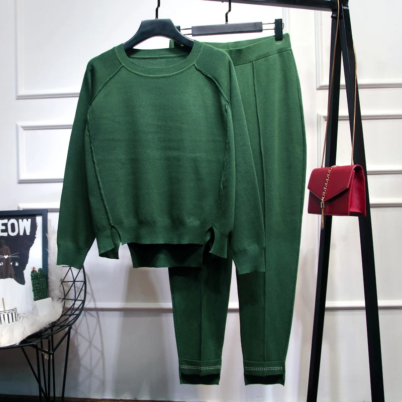 Army Green Осенне-зимний трикотажный спортивный костюм, пуловер, толстовки, топы+ эластичные штаны, костюм, женский Повседневный трикотажный комплект из 2 предметов, спортивный джемпер, женский - Цвет: Army Green