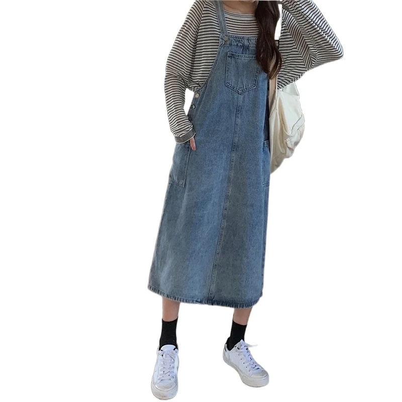 

Button Pocket Denim Dress Summer Korean Vintage Midi-length Loose Jeans Dress Casual Student Suspenders Strap Overalls Dresses