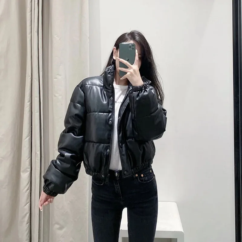 Bomber Jacket Women 2021 New Streetwear Windbreaker Zipper Autumn PU Black Padded Coats Female Winter Parka Raincoats Clothing