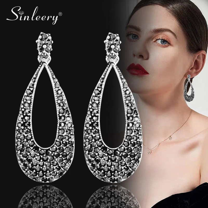 

SINLEERY Bohemia Full Black Cubic Zirconia Hollow Teardrop Drop Earrings Women Antique Silver Color Vintage Jewelry ES121 SSB