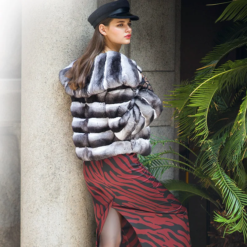 FURSARCAR 2021 New Winter Rex Rabbit Fur Women's Coat Slim Short Chinchilla Jackets With Hood For Female Rabbit Fur Outwear