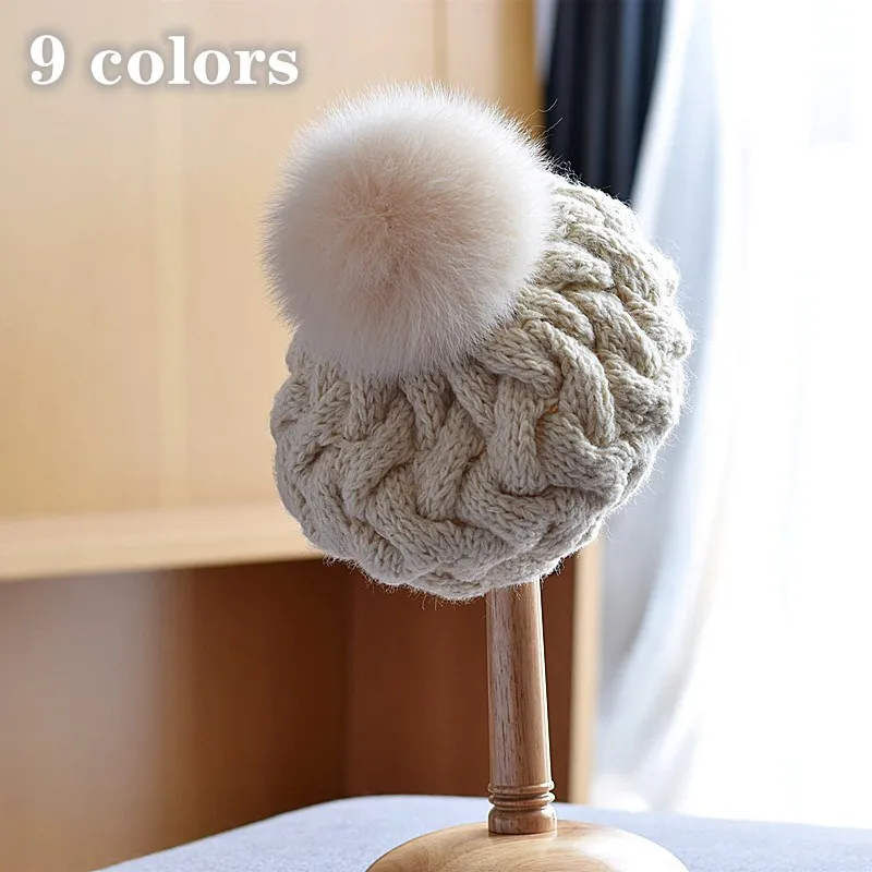 

Real Fox Fur Ball Twist beanies warm cute woolen beret girl women autumn and winter soild color big hair ball knitted hat