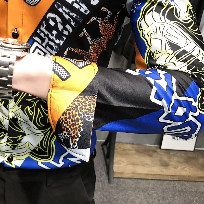 

Vintage Printed Luxury Shirt Men Streetwear Social Party Dress Shirts Slim Fit Long Sleeve Blouse Male Clothing Camisa Masculina