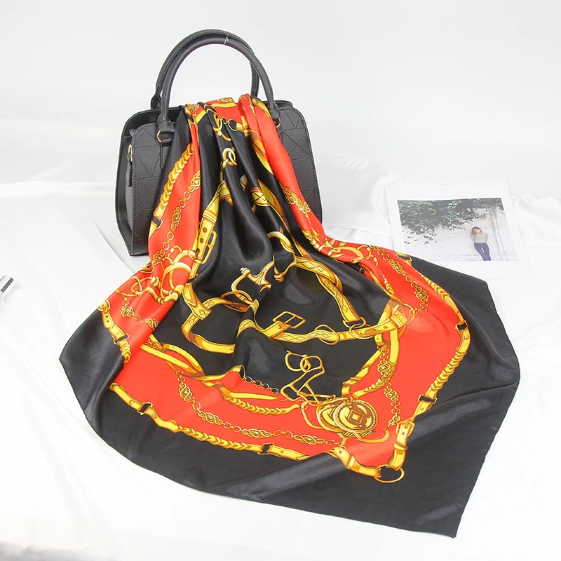 Женский шелковый шарф Bufanda дизайнерский платок из мягкого атласа с нашивками