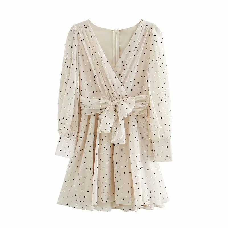 

Autumn Dress Woman 2021 Polka Dot Mini Dress Lady Long Sleeve V-neckline Zip Fastening Women's Dresses for Summer