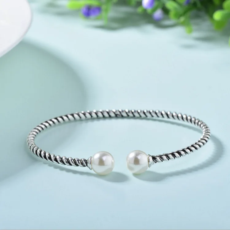 

925 Sterling Silver Simple Pearl Smooth Twist Rope Thai Silver Opening Bracelets & Bangles For Women pulseras