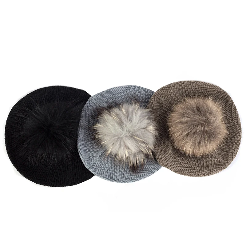 Берет Geebro Женский вязаный мягкий весна-осень с настоящим помпоном женский