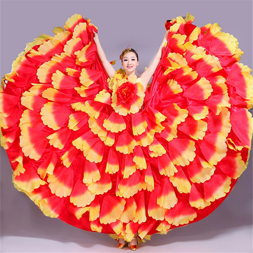 6Color Flamenco Dress Dance Gypsy Skirt Woman Spain Belly Costumes Big Petal Spanish Chorus Stage Performance Wear S-3XL images - 6