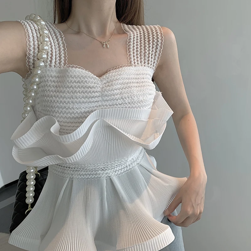 

Sexy Stretch White Lace Organza Patchwork Sheath Camis Summer Women Pleated Wave Ruffles Hem Strapless Chiffon Shirt Tops