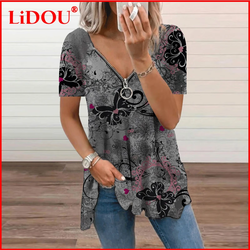 

New Summer Fashion Printed Women T-Shirt Harajuku Casual Zipper Ladies Tops Short Sleeve Hollow Loose Oversize V-neck Pullover