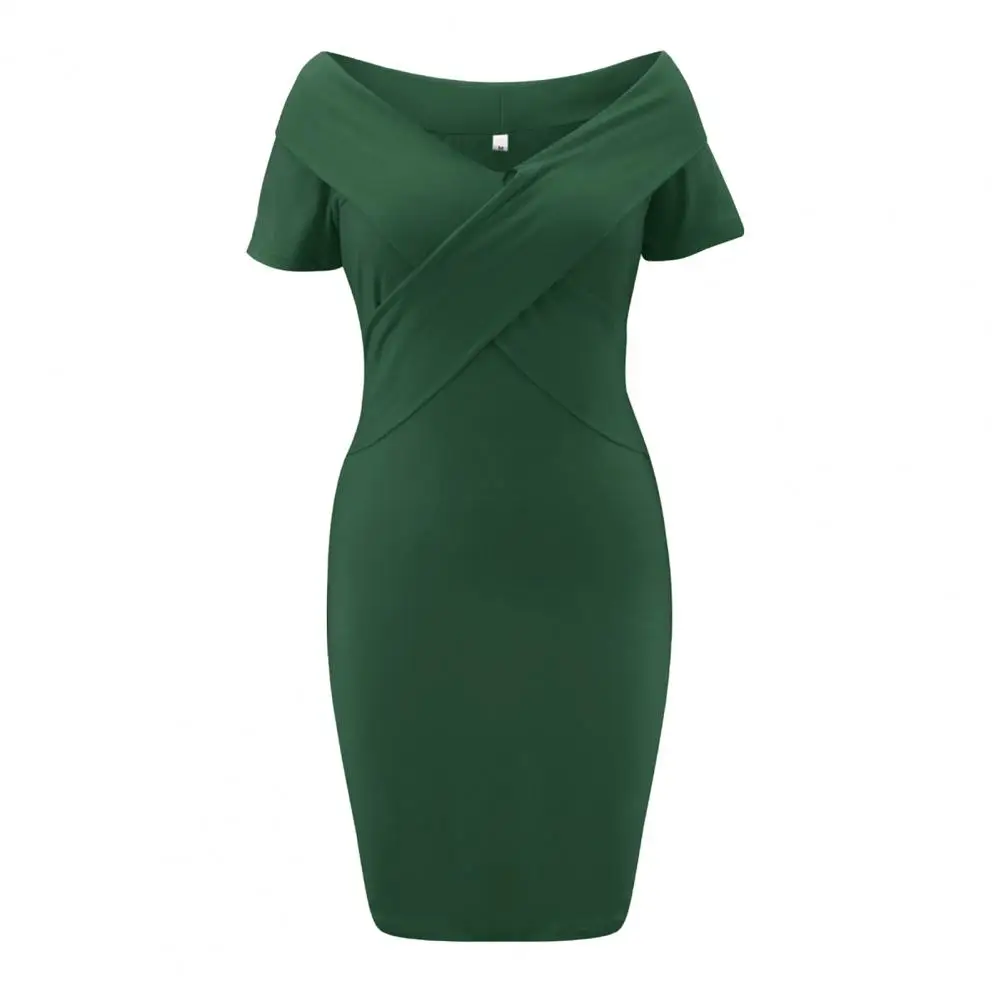 

Spring/Summer Women Dress Off Shoulder Solid Color Short Sleeve Bodycon Knee-length Dress for Party