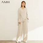 Комплект женский из однотонной блузки с V-образным вырезом и длинных брюк с высокой талией, на осень, 12030227