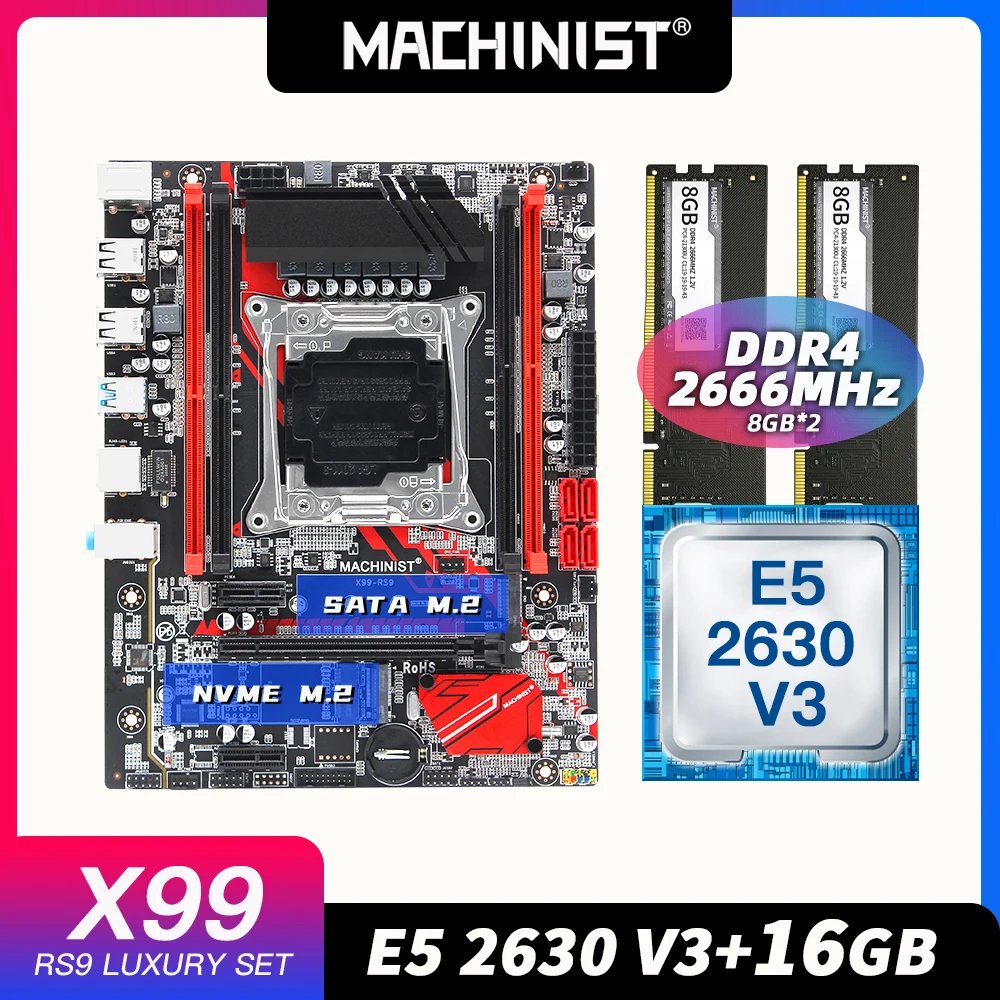 Bestellen MASCHINIST X99 Motherboard LGA 2011-3 Set Kit Intel Xeon E5 2630 V3 CPU Prozessor DDR4 16G(2*8G) 2666MHZ RAM Speicher X99-RS9