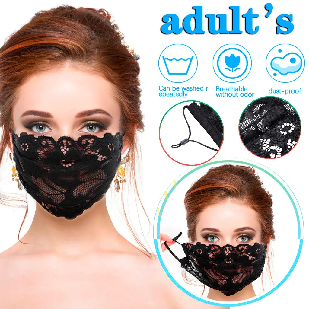

Fast Delivery Mask For Face Mscara Ladies Single layer Black Embroidery Lace Adjustable Mesh Thin Bandage Breathable Mask 2020