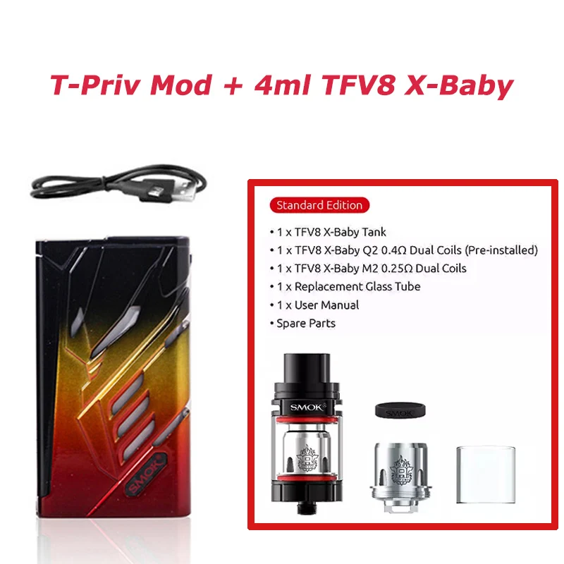 Оригинальный SMOK T PRIV Mod 4 мл TFV8 X BABY бак 220 Вт VW TC бокс мод испаритель вейп комплект