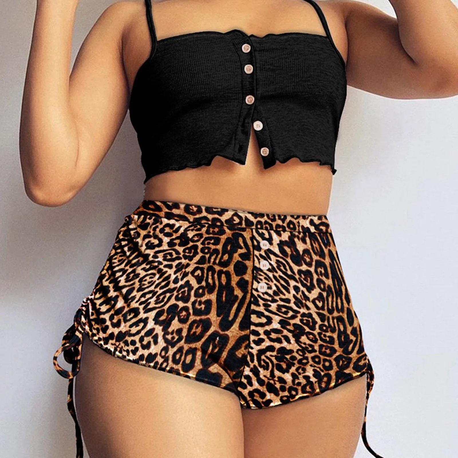 

2021 Trendy Casual Leopard Shorts Women High Waist Loose Drawstring Shorts Streetwear Sport Short femme Shorts feminino