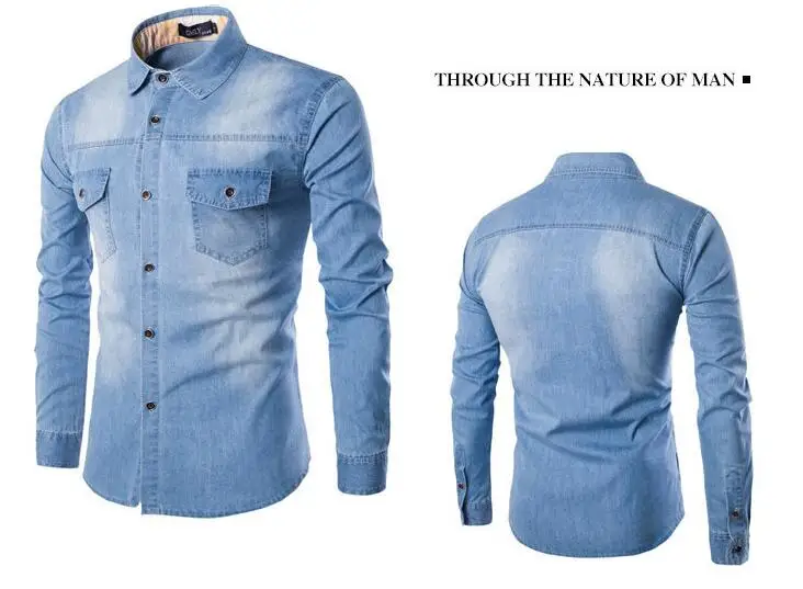 light blue Модная мужская джинсовая рубашка с длинными рукавами, хлопковые джинсы, кардиган, повседневная приталенная рубашка, Мужская джинсовая одежда с двумя карманами, большие размеры M-6XL - Цвет: light blue