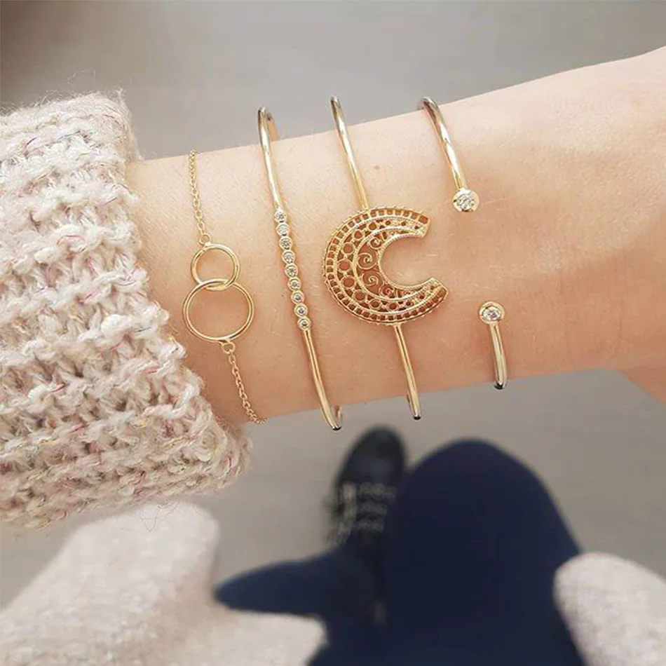 

Fashion Boho Gold Crystal Bracelet for Women Leaves Letter Couple Stone Anchor Charm Cuff Chain Bracelet Femme Luxury Jewelry