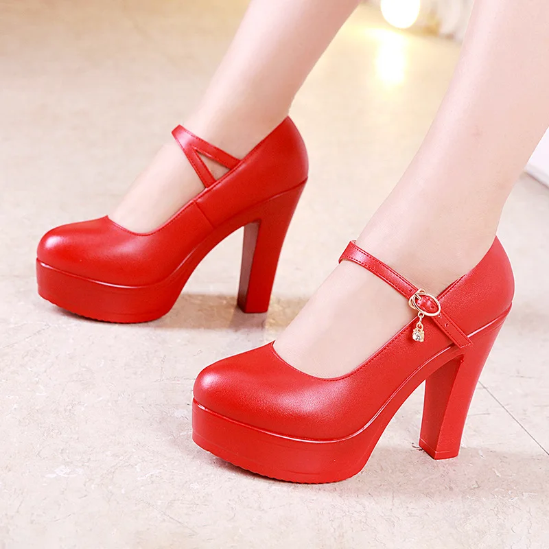 12cm red Большие размеры 32-43; обувь на платформе с блочным каблуком; женские туфли-лодочки; коллекция года; свадебные туфли белого и серебристого цвета; офисные туфли на среднем каблуке; женская обувь - Цвет: 12cm red
