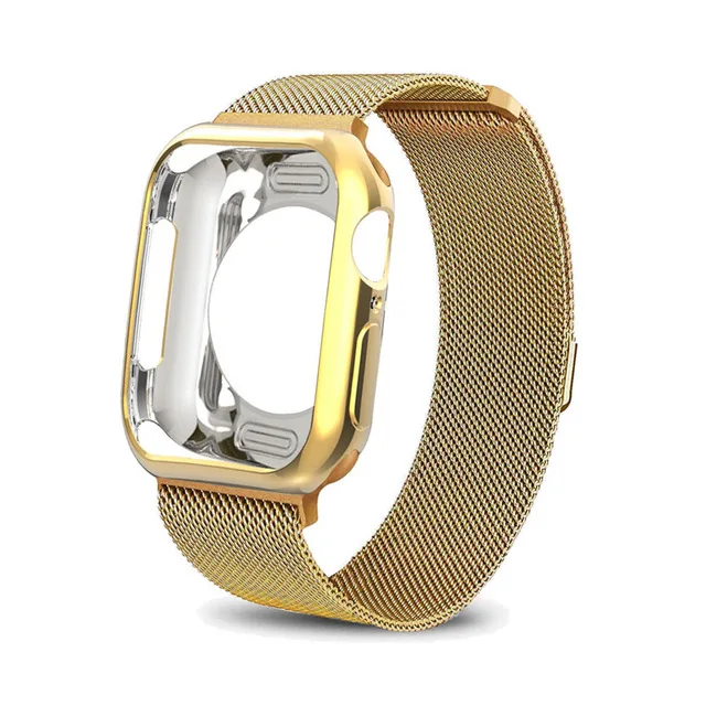 gold Чехол+ ремешок для часов Apple Watch 42 мм 38 мм Миланская петля браслет из нержавеющей стали для Apple Watch 40 мм 44 мм серия 5 4 3 2 - Цвет ремешка: gold