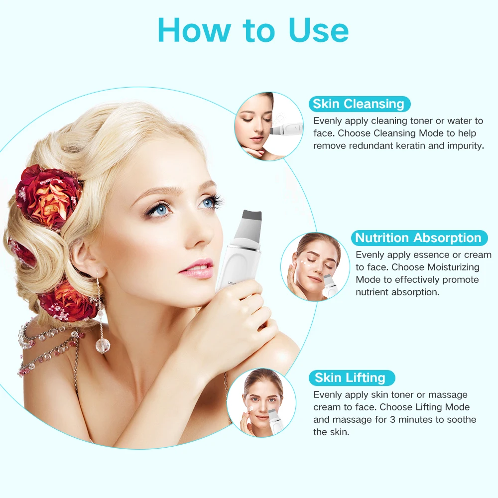 

XPREEN Ultrasonic Skin Scrubber Cleaner Acne Blackhead Whitehead Remover Peeling Shovel Cleaner Facial Massager Face Scraper