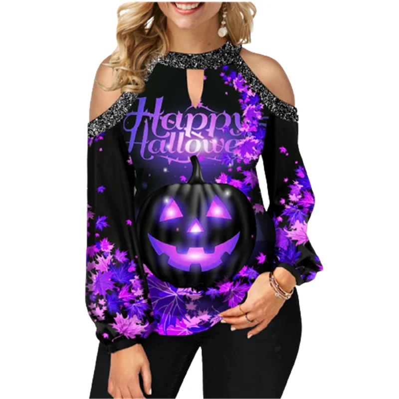 

Lantern Sleeve Halloween Fashion T-Shirt Women Long Sleeve Off Shoulder Sequins Patchwork Streetwear Tee Female Festival T-Shirt