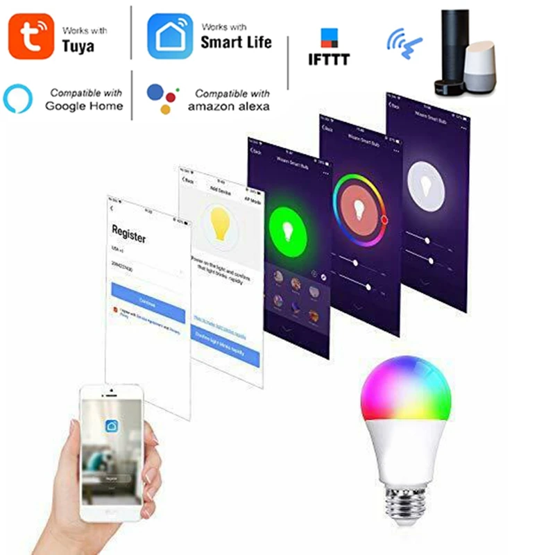 3 шт. умный WiFi светильник E27 7 Вт RGBCW холодный Теплый s Tuya/Smart Life APP дистанционное
