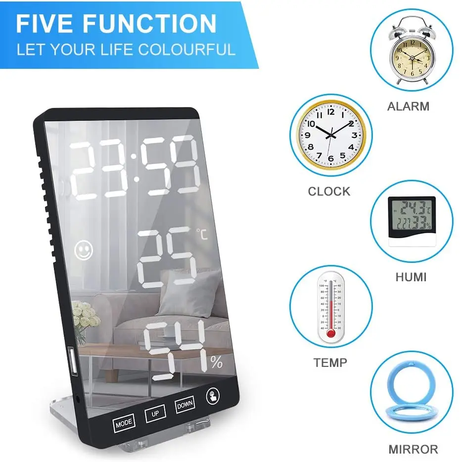 

Nordic LED Display Digital Clock 4 Brightness Temperature Humidity Display USB Port Battery Backup Snooze for Home Decor Saat
