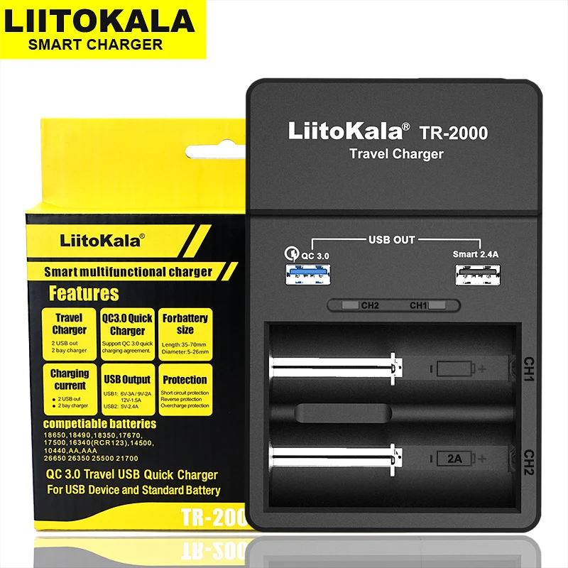 

2021 LiitoKala TR-2000 18650 Battery Charger and USB QC3.0 output Travel charger For 18650 26650 21700 18500 and 5V electronics